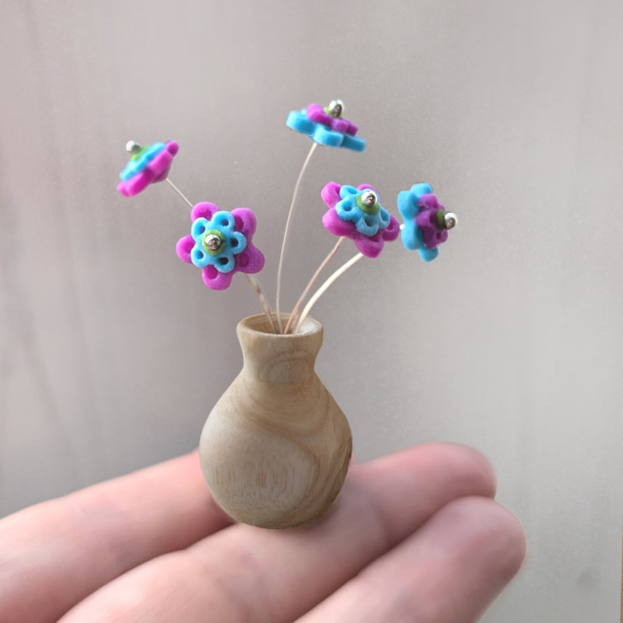 Teeny tiny woodturned vase with polymer clay flowers