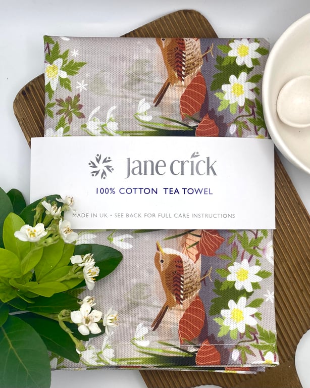 Christmas Wren with Snowdrops and Wood Anemones Cotton Tea Towel