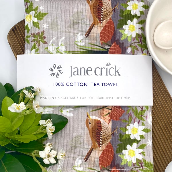Christmas Wren with Snowdrops and Wood Anemones Cotton Tea Towel