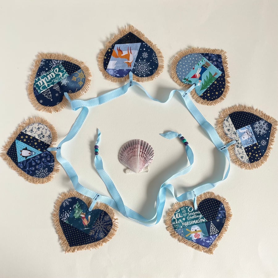 Christmas Hessian Hearts bunting - blue