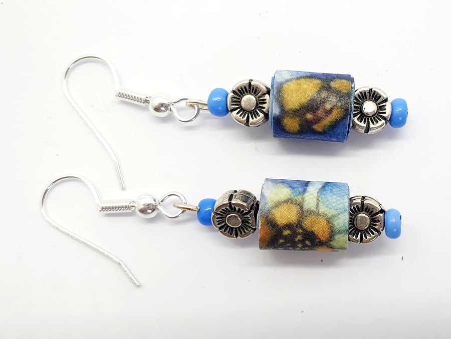 Dainty blue paper beaded earrings