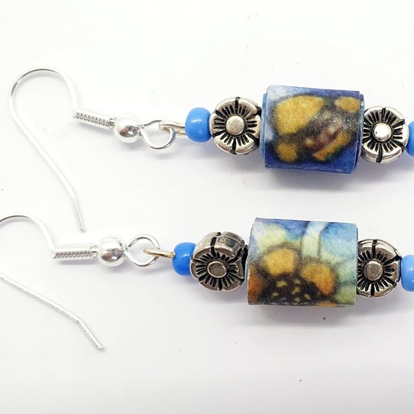 Dainty blue paper beaded earrings