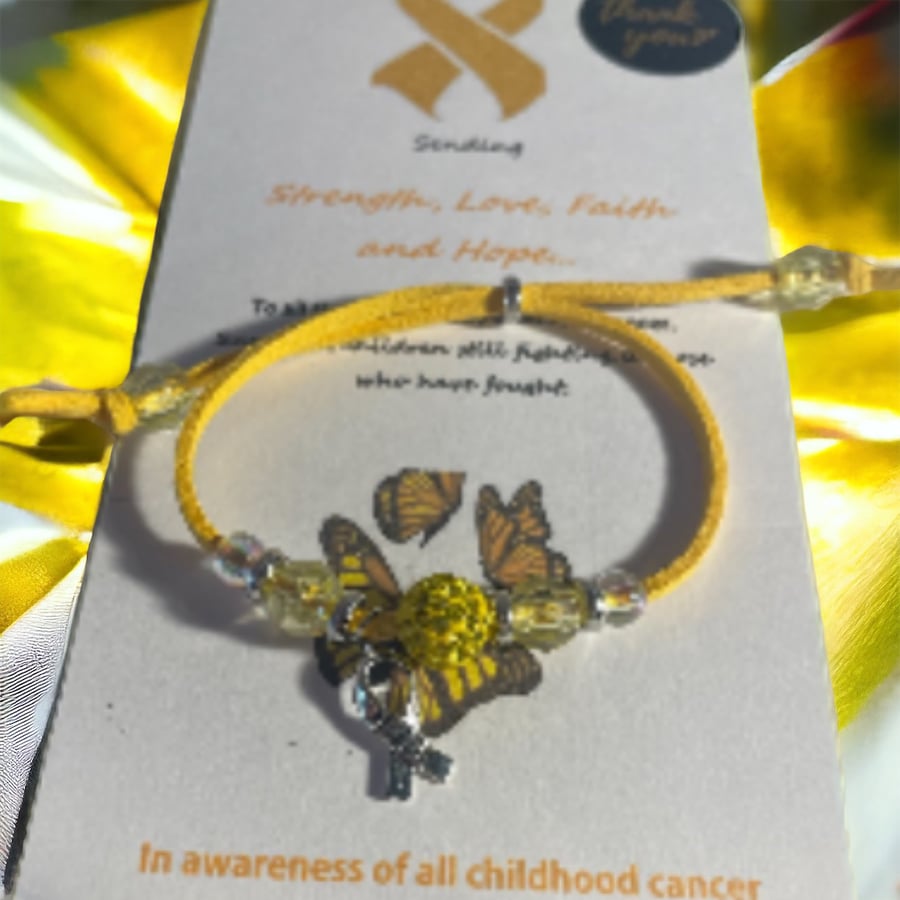 Childhood cancer suede effect corded bracelet yellow ribbon charm gift bracelet 