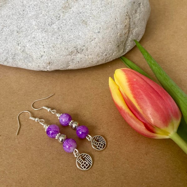 Silver Earrings, Japanese Charm and Purple glass Beads - Boho style, Freepost