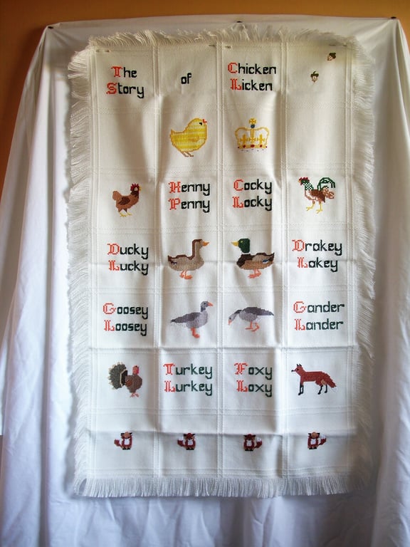 Shawl, cot blanket, 'Chicken Licken', hand embroidered