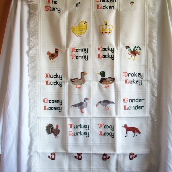 Shawl, cot blanket, 'Chicken Licken', hand embroidered