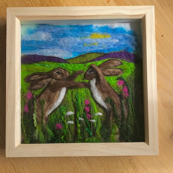 Needle felted boxing hares picture 