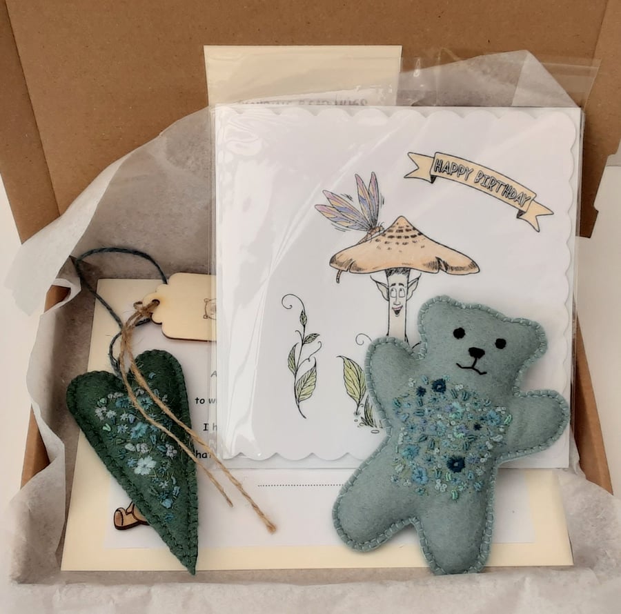 Birthday Bear gift box, embroidered bear & heart, card & verse, Letterbox Hugs