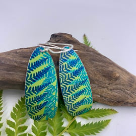 Lime green fern print aluminium earrings