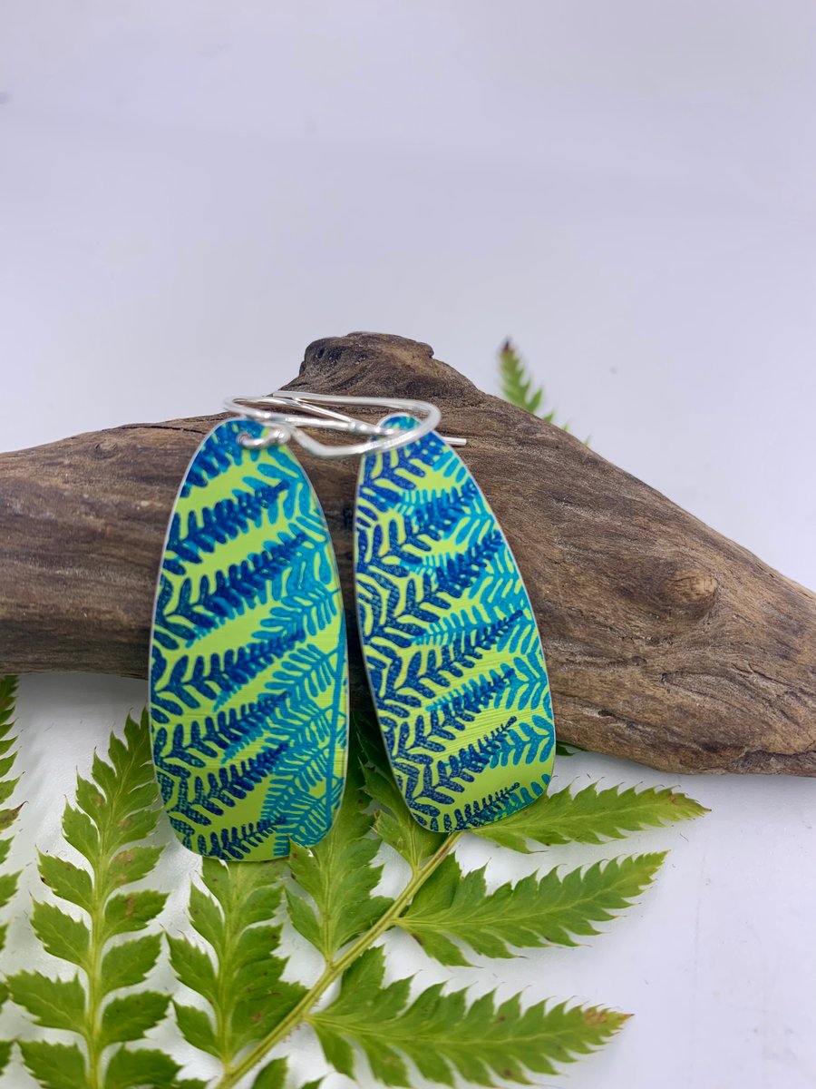 Lime green fern print aluminium earrings