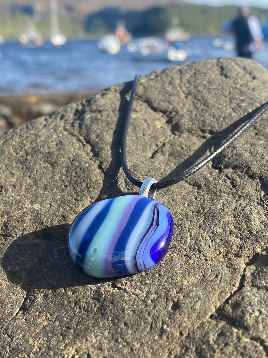 Blue and white strata puddle glass fused pendant