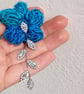 Blue Crochet Puffy Flower and Crystal Leaf Vine Brooch