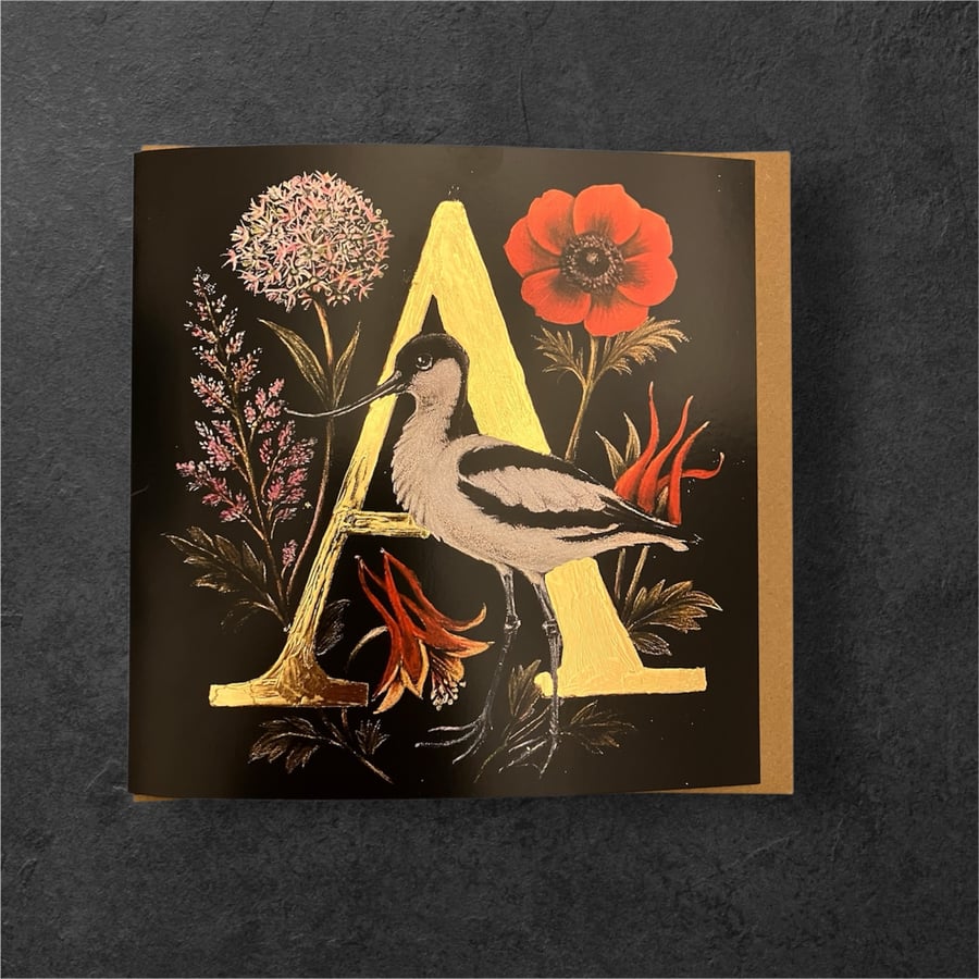 A is for Avocet, Allium, Anemone and Aquilegia blank greeting card