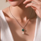 Four leaf Clover and Pearl Pendant Necklace - White Gold Plated 