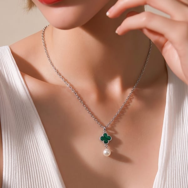 Four leaf Clover and Pearl Pendant Necklace - White Gold Plated 