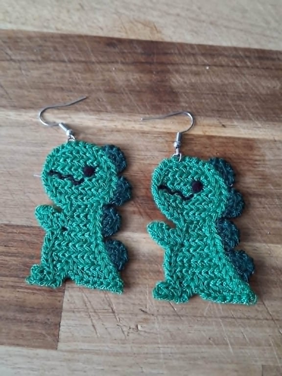 Dinosaur crochet Earrings crochet stainless steel dangly earrings OOAK