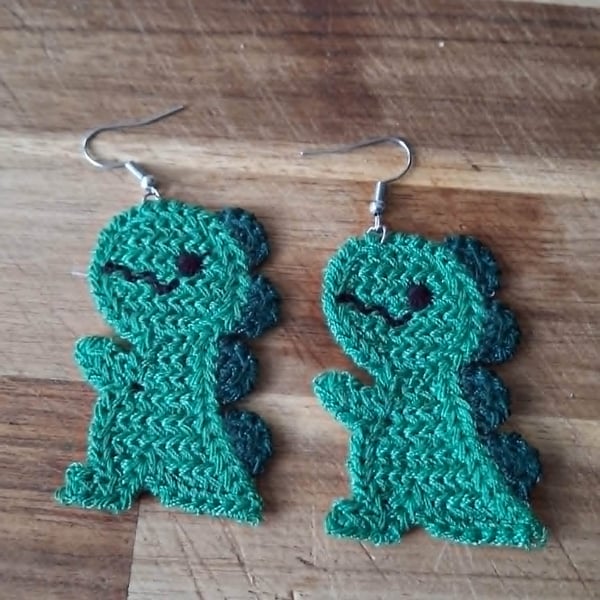 Dinosaur crochet Earrings crochet stainless steel dangly earrings OOAK