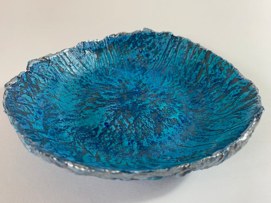 Handmade decorative paper mache bowl, Layered textured hand painted dish 