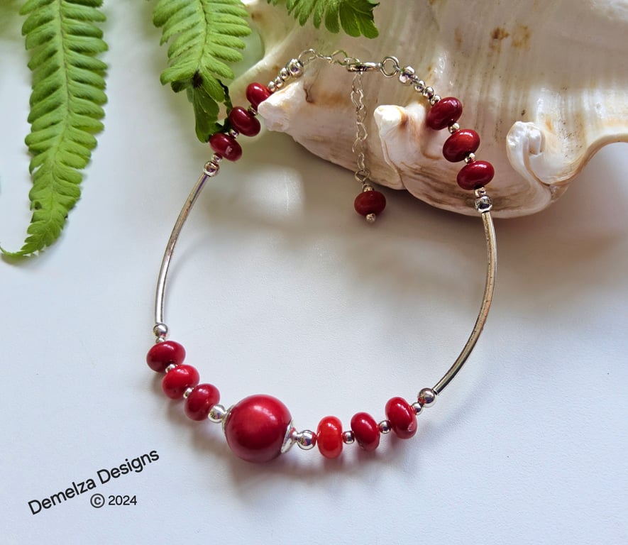 Designer Eco Bamboo Red Coral Sterling Silver Bracelet 
