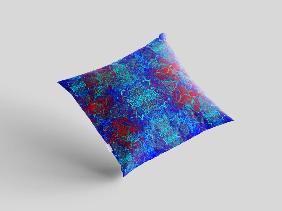 1 LEAF BLOOM CUSHION in BLUE with RED FAUX SUEDE (VEGAN SUEDE) or POLY LINEN.