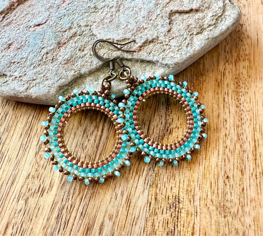 Bohemian beaded hoop earrings in copper, bronze, turquoise and sea blue