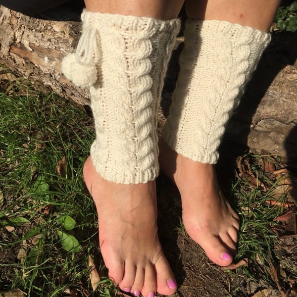 Women's Leg Warmers, Hand Knitted Pom Pom Boot Cuffs