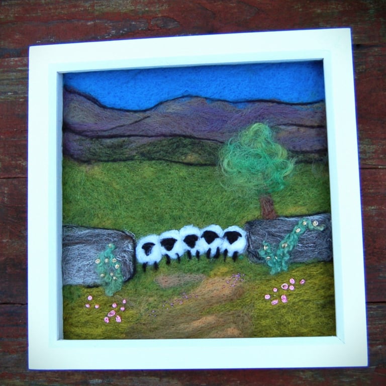 Five sheep stonewall wool painting.  Needlefelt picture with hand embroidery