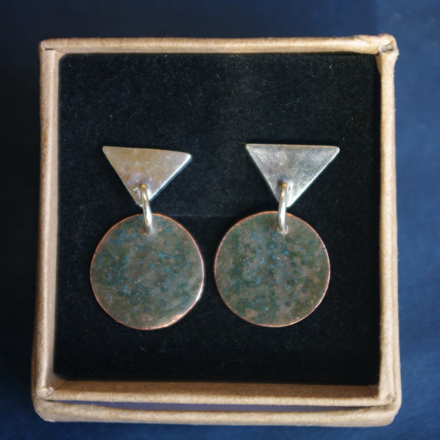   Green Copper Circle and Silver Triangle  Stud Dangle Earrings