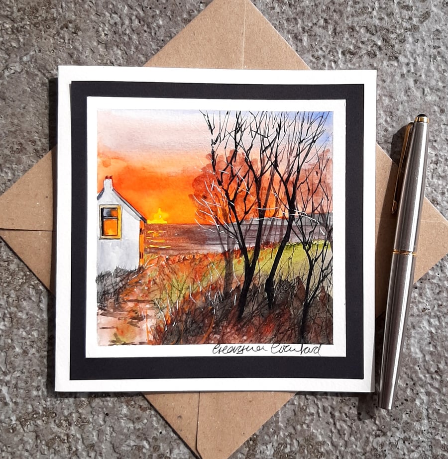 Blank Card. Cottage at Sunset. Handpainted Watercolour.