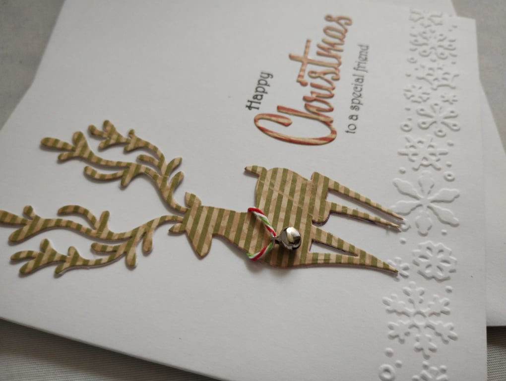 Handmade Reindeer & Tiny Sleigh Bell Card - Happy Christmas to a special friend