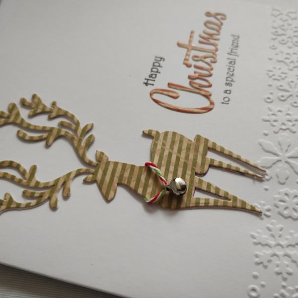 Handmade Reindeer & Tiny Sleigh Bell Card - Happy Christmas to a special friend
