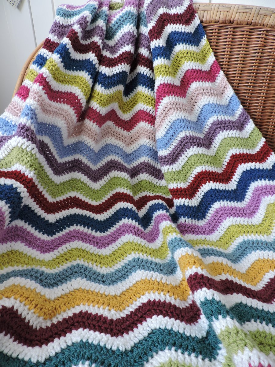Sale  Crochet Zig Zag Blanket Throw Rainbow Multicoloured 