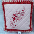 Cushion for Cat Lover, Embroidered with Hearts and Cats. Cover and Cushion.
