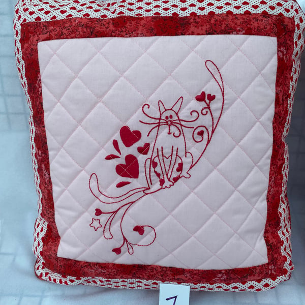 Cushion for Cat Lover, Embroidered with Hearts and Cats. Cover and Cushion.