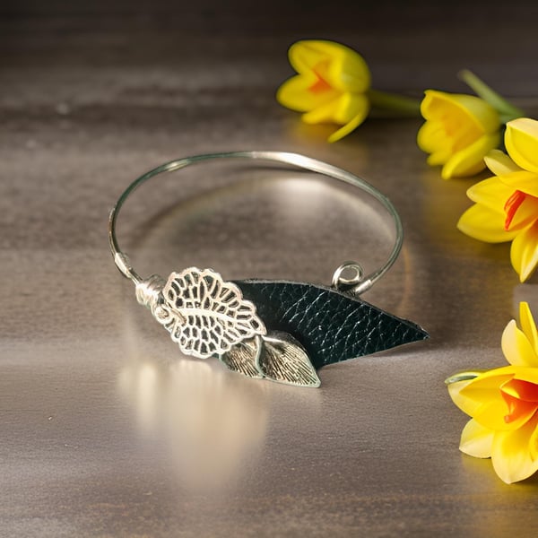 Silver Leaf  Bangle - Calla Lilly Charm with Leather & Silver Leaves