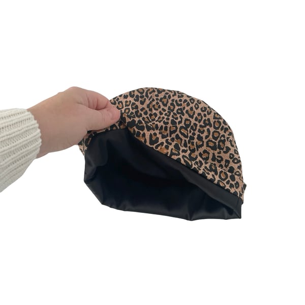Satin lined hat, Leopard slouchy beanie hat, Cotton chemo hair loss beanie caps
