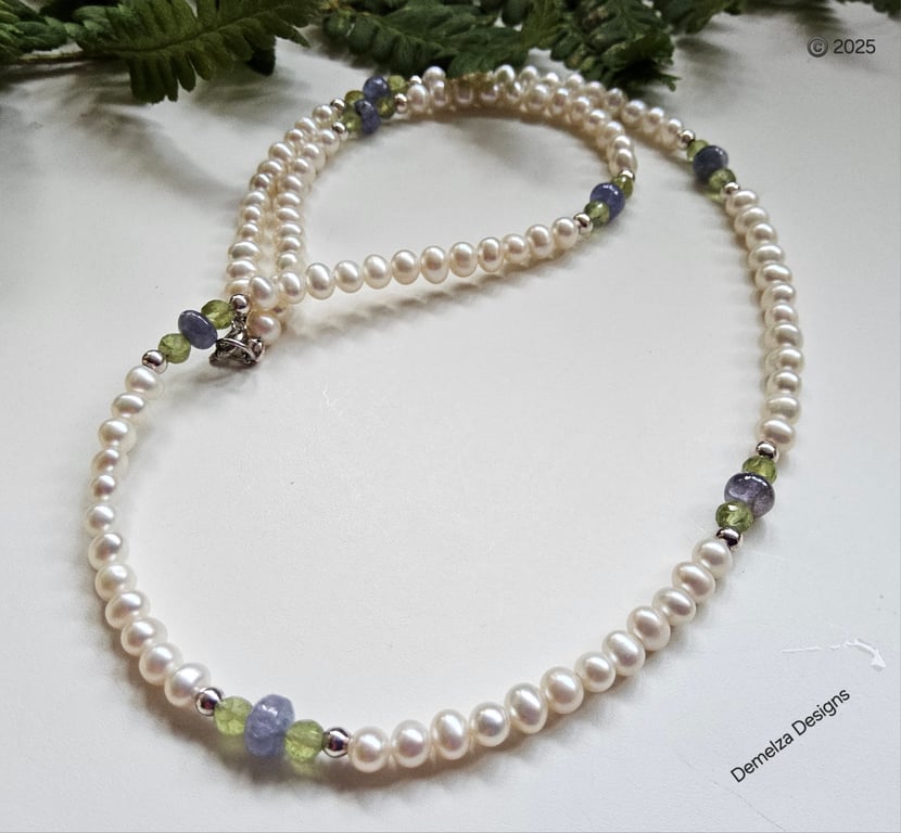 Designer Tanzanite, Peridot Quality Freshwater Pearl Sterling Silver Necklace