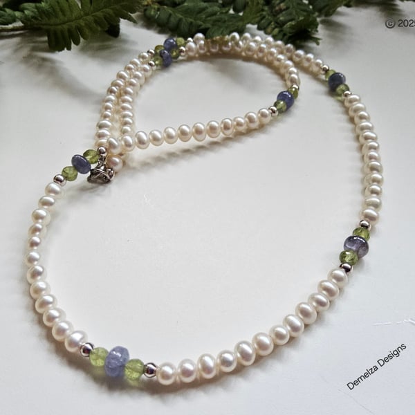 Designer Tanzanite, Peridot Quality Freshwater Pearl Sterling Silver Necklace