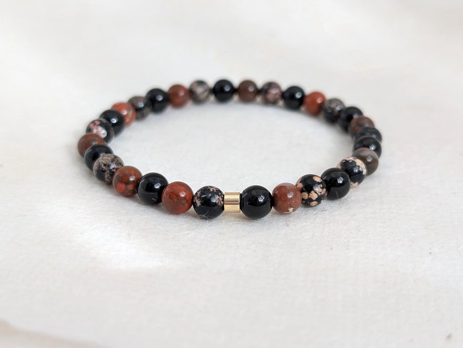 Root chakra stretch bracelet with black tourmaline, red jasper and obsidian