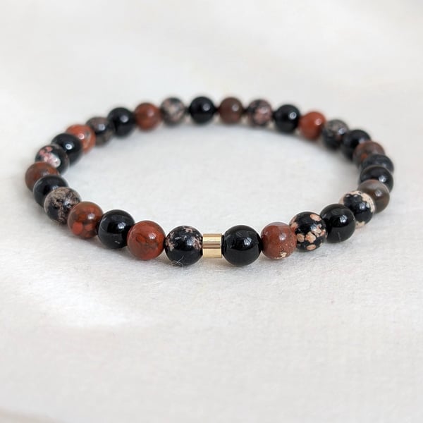 Root chakra stretch bracelet with black tourmaline, red jasper and obsidian