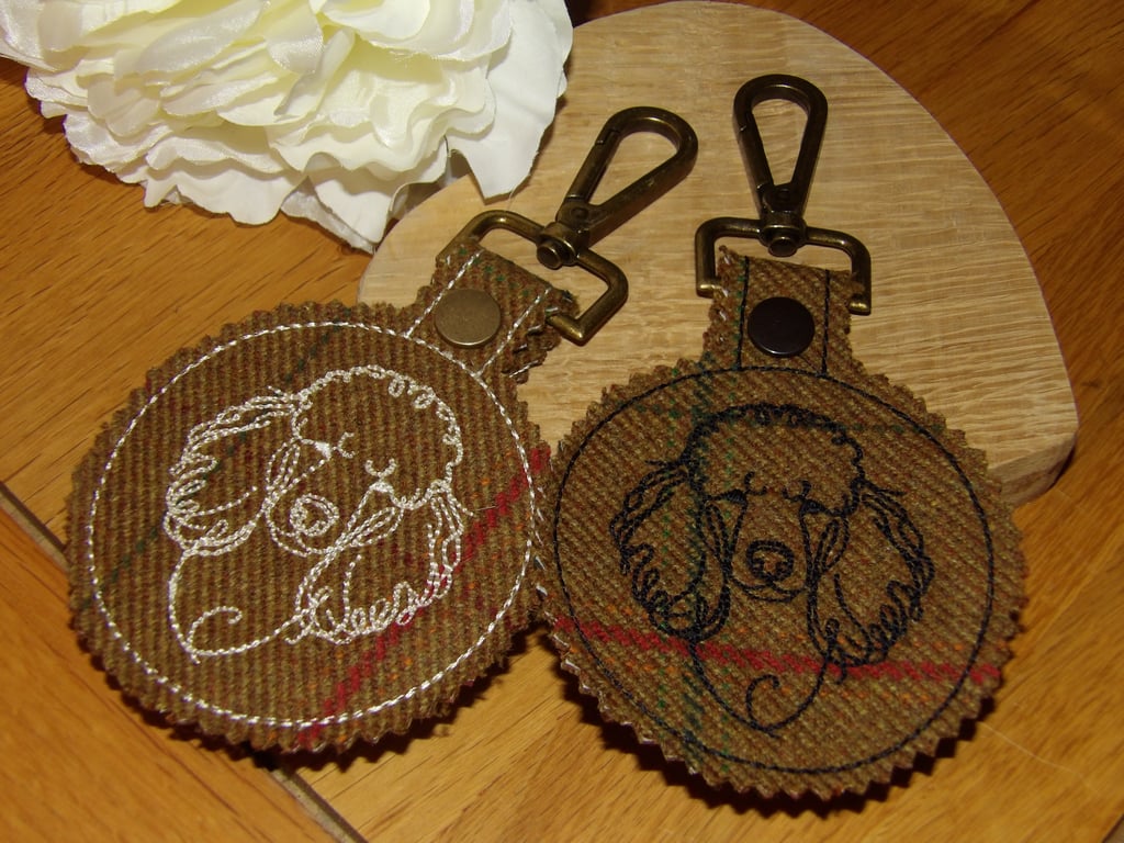 Poodle embroidered Tweed bag charm 3 inches across 