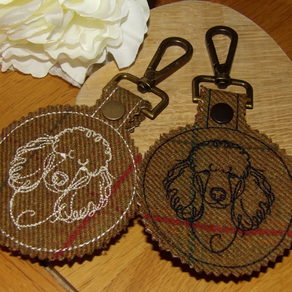 Poodle embroidered Tweed bag charm 3 inches across 