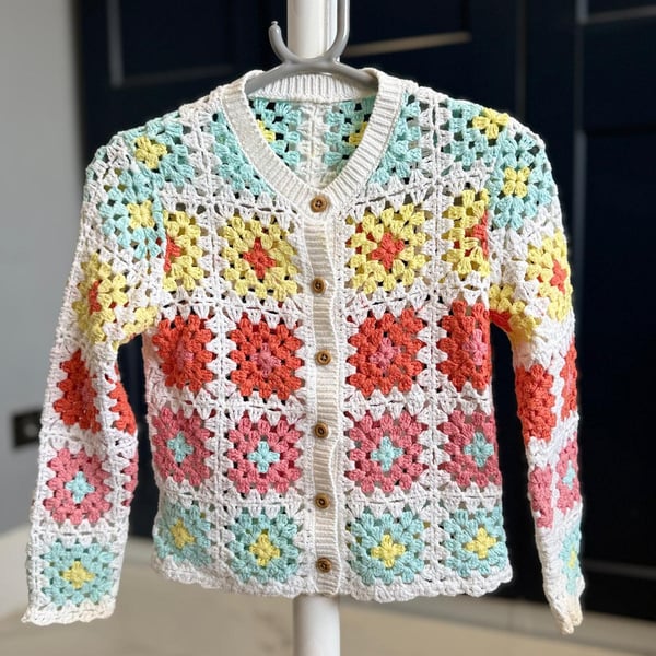 Crochet Granny Square Toddler Cardigan with Wooden Buttons –Colorful (2-3y)