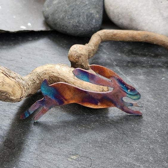 Hare brooch in flame painted copper 