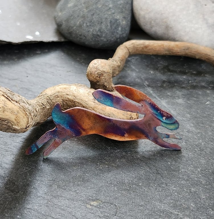 Hare brooch in flame painted copper 
