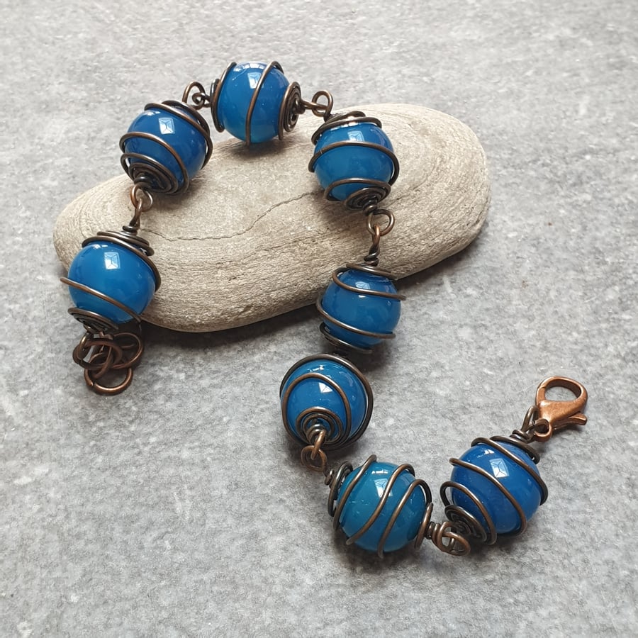 Copper and blue agate spiral bracelet, 7th anniversary gift, Boho jewellery