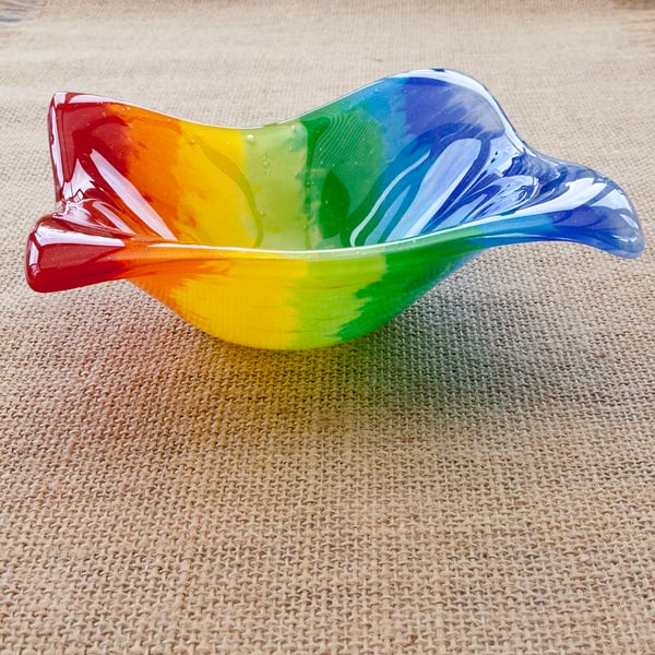 Wavy Organically Shaped Stripy Rainbow Fused Glass Decorative Round Bowl