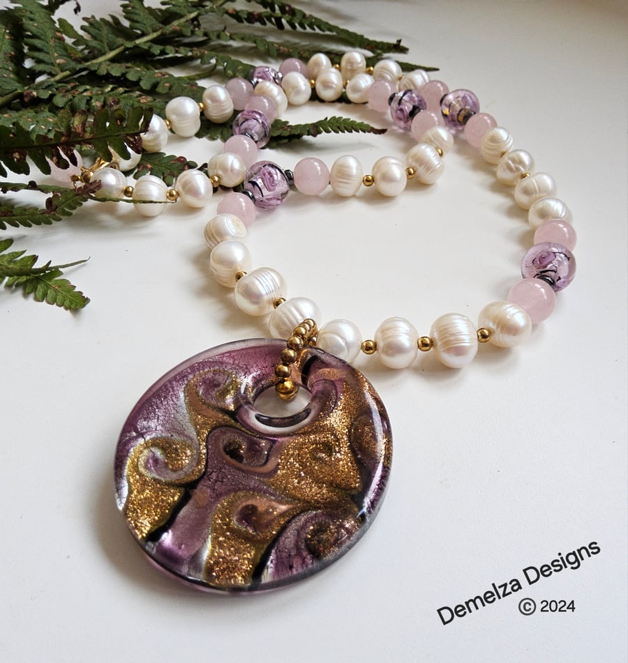 Murano Glass & Fresh Water Cultured Pearl & Rose Quartz Necklace