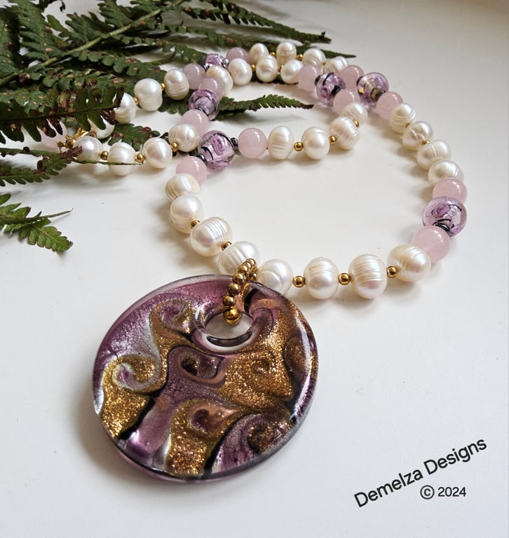 Murano Glass & Fresh Water Cultured Pearl & Rose Quartz Necklace