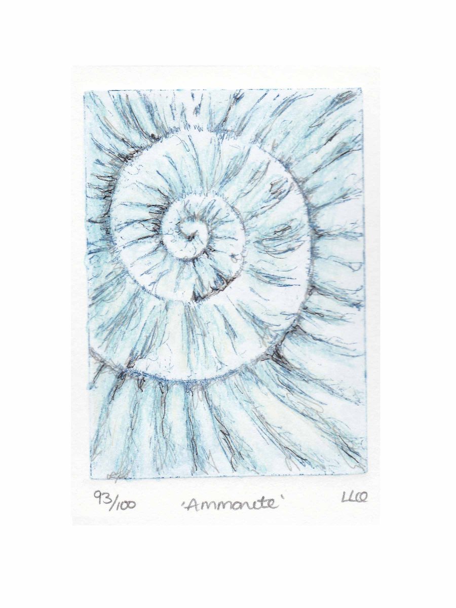 Etching no.93 of an ammonite fossil with mixed media in an edition of 100